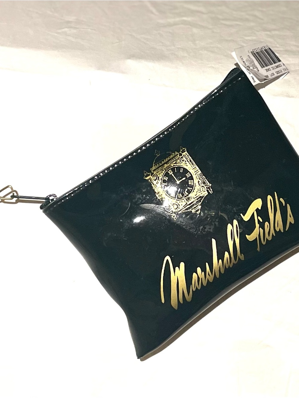 Marshall Field's Black Patent Wristlet with Gold Script